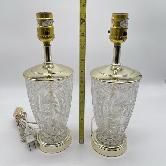 Pair Vintage German 24% Lead Crystal Table Lamps Cut Glass Gold Base 13”